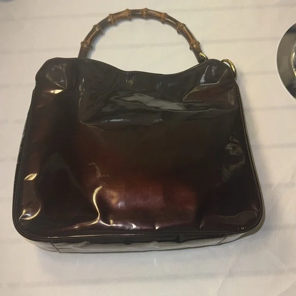 GUCCI Medium Diana Bamboo Handle Chocolate Enamel Leather Women Shoulder Bag GUC - Picture 4 of 15